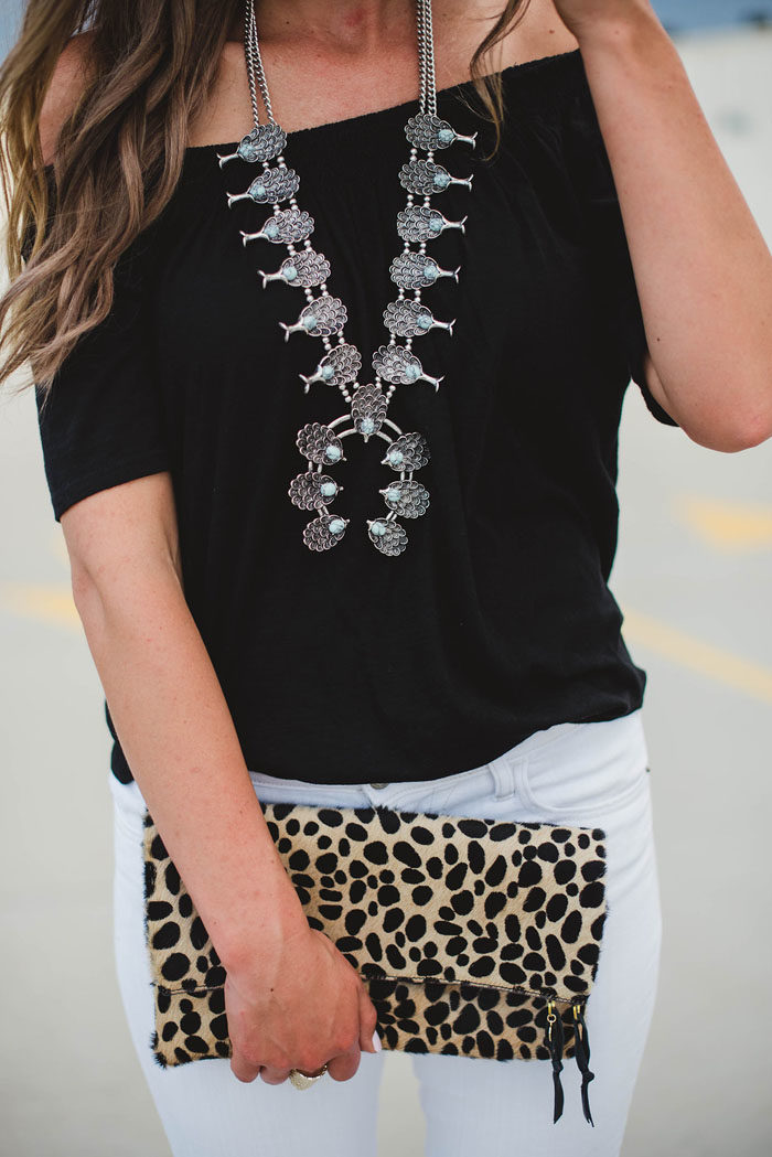off the shoulder top and squash blossom necklace