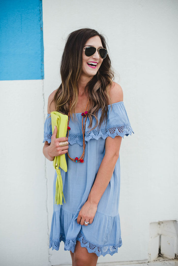 baby blue of the shoulder dress with flatforms