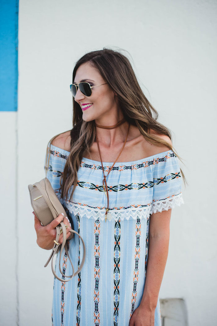 Printed off the shoulder dress with lariat necklace