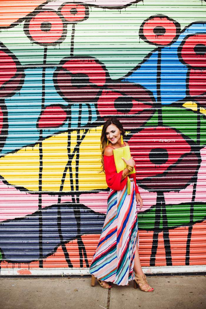 I paired this red cold shoulder top with this colorful maxi skirt for a fun summer #ootd
