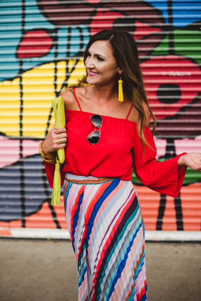 I paired this red cold shoulder top with this colorful maxi skirt for a fun summer #ootd