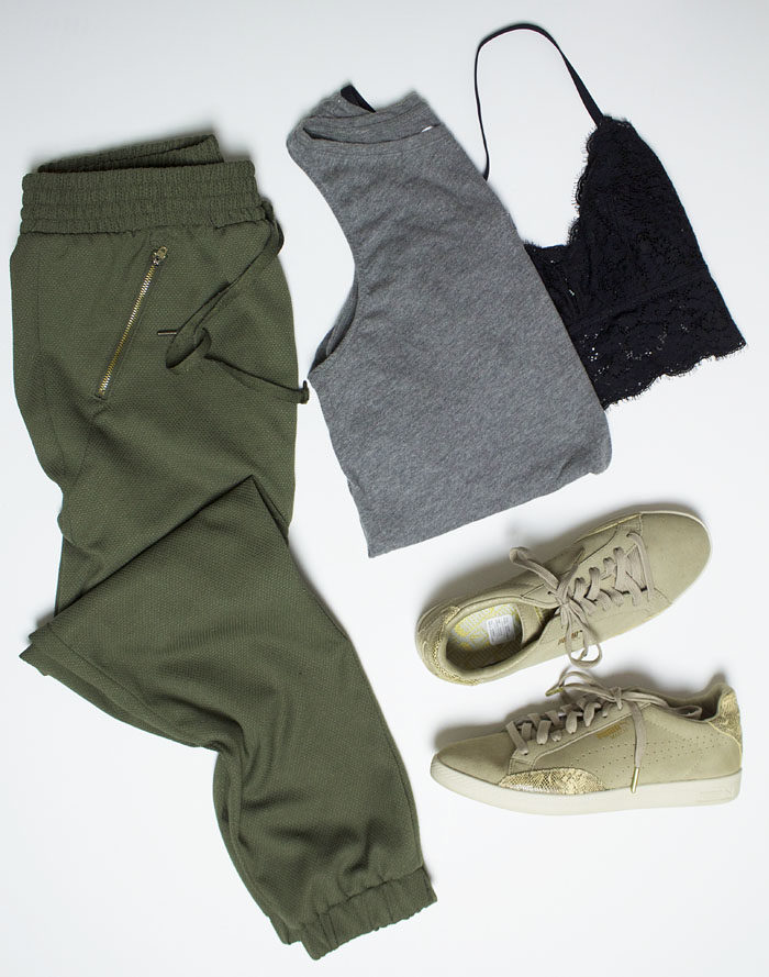 Athleisure outfit option with track pants and puma sneakers