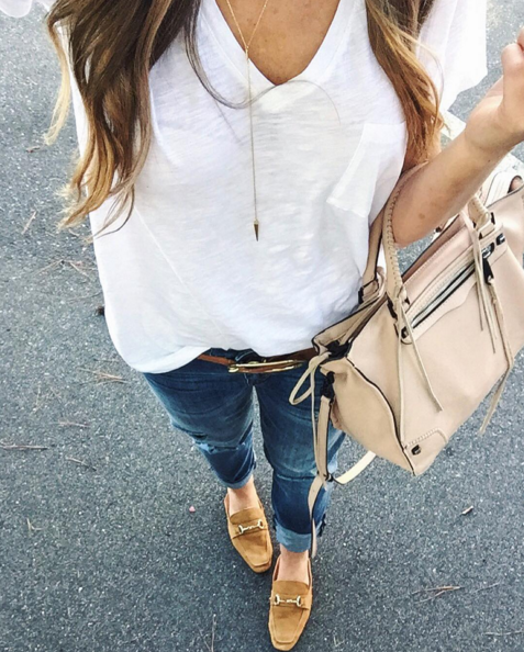 A casual outfit pairing a v-neck Madewell white t-shirt with boyfriend denim and loafers. 