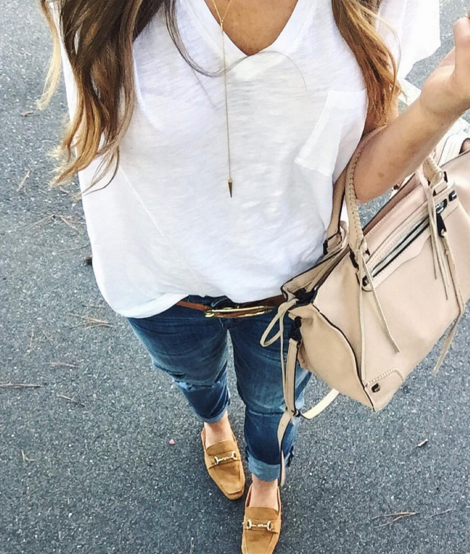 Wear a white t-shirt with boyfriend denim and suede mules for a casual and chic Fall outfit