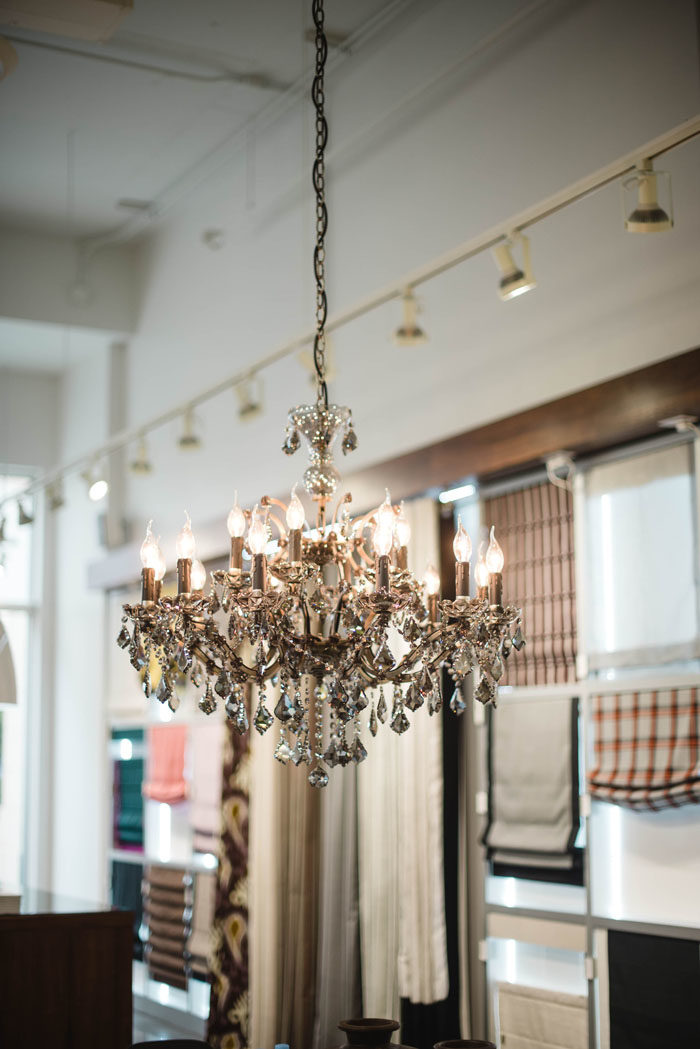 Beautiful crystal chandelier at The Shade Store in Charlotte, NC.