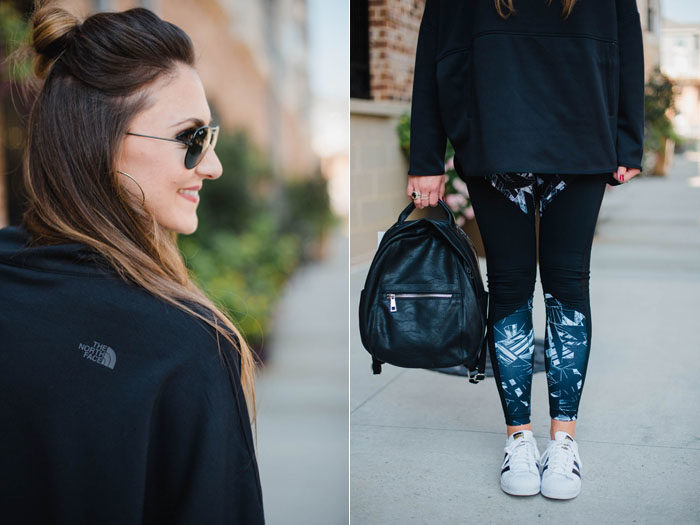 Blogger Mallory Fitzsimmons of Style Your Senses wears Zella tights and a Northface Poncho for a "cool mom" athleisure look.