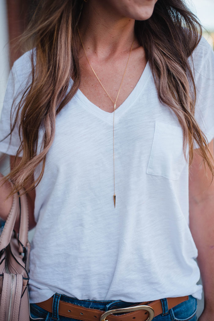 Madewell white t-shirt with delicate Baublebar necklace. 