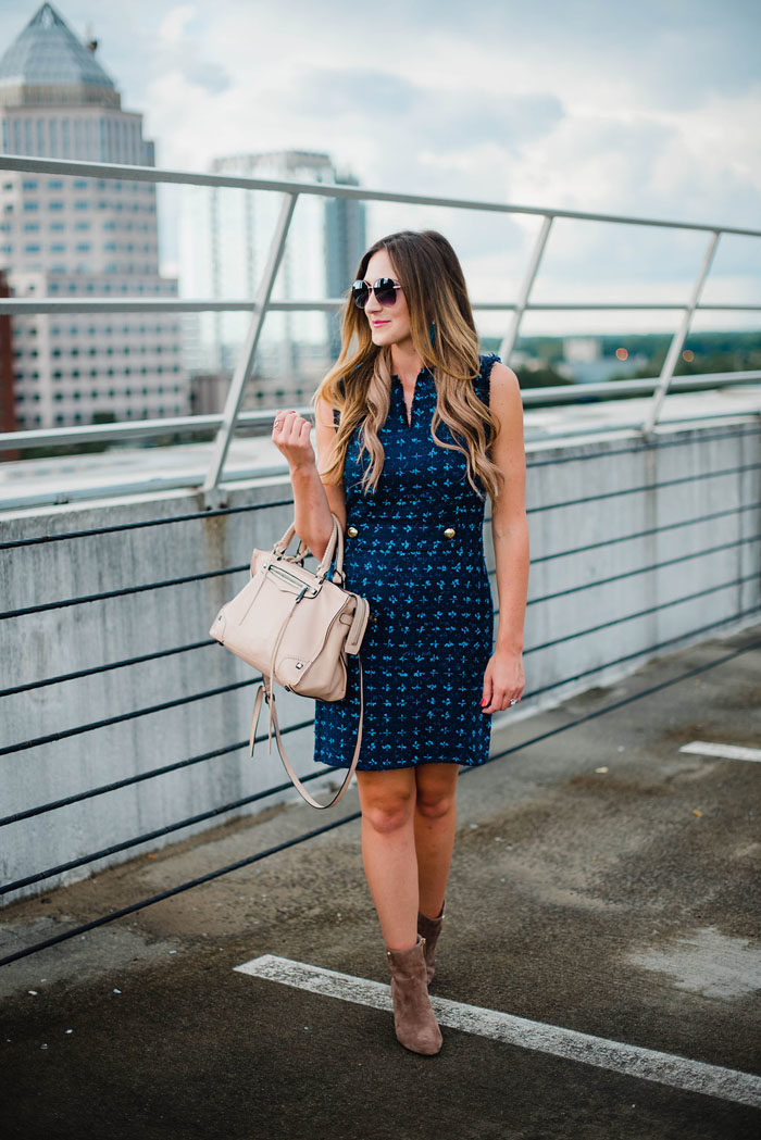Blogger Mallory Fitzsimmons of Style Your Senses wearing an updated tweed dress by Sail to Sable for early Fall transition. 