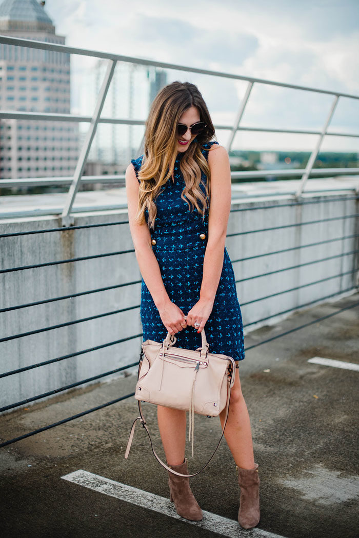 Blogger Mallory Fitzsimmons of Style Your Senses wearing an updated tweed dress by Sail to Sable for early Fall transition. 