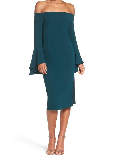 Turquoise off the shoulder dress with bell sleeves