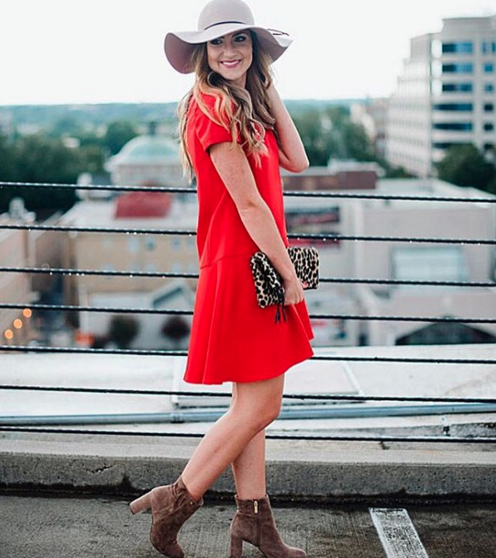 This red drop waist dress can be worn now and later with a felt floppy hat and suede booties