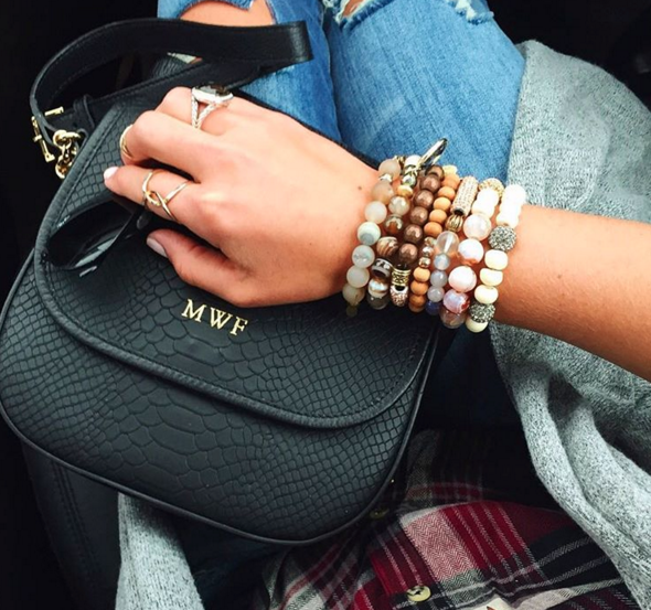 This monogrammed Gigi New York crossbody paired with these glam boho bracelets and flannel is the perfect Fall look