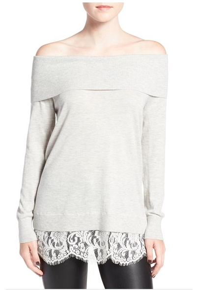 Off the shoulder sweater with darling lace detail. Perfect to wear with leggings and boots for a Fall date night