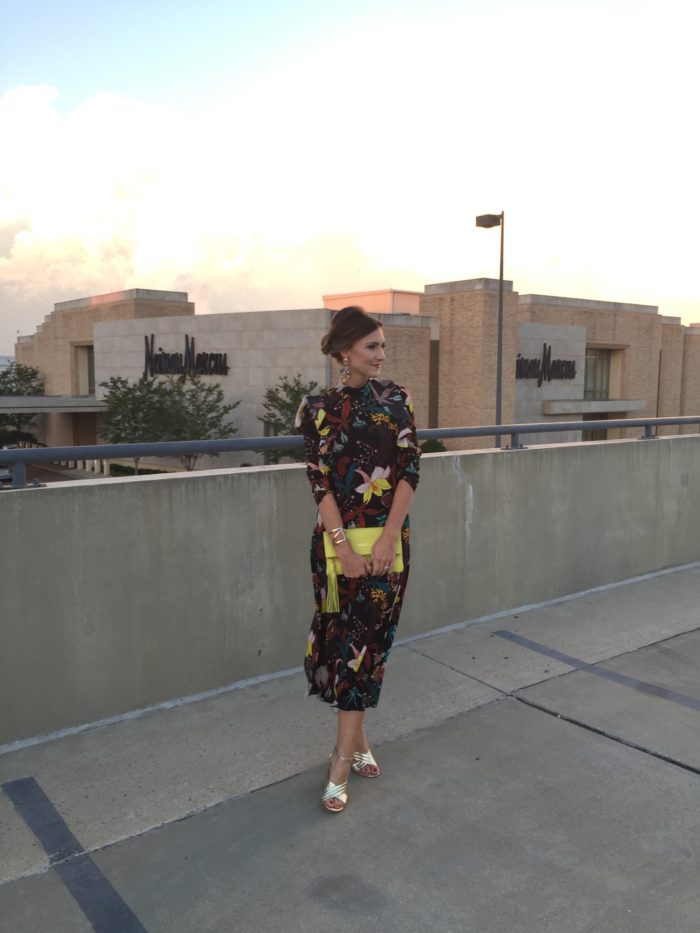 Blogger Mallory Fiztsimmons of Style Your Senses wears a floral HM Midi Dress and Gold Asos heels for a Neiman Marcus event in Charlotte, NC