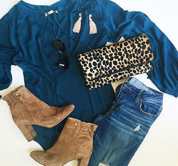 Gorgeous blue blouse styled with skinny jeans and mid calf booties