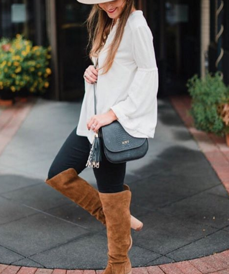 Cute and casual Fall outfit idea with over the knee boots and a boho blouse