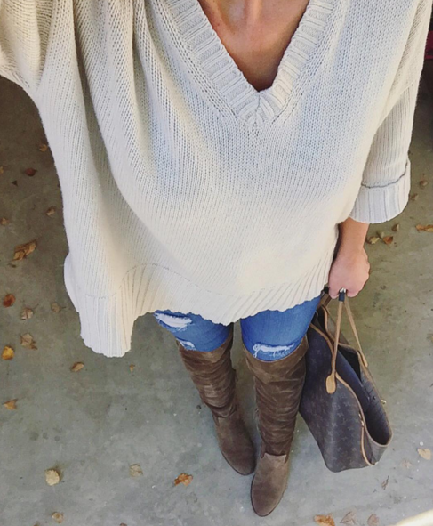 Cosy sweater paired with over the knee boots and louis vuitton bag