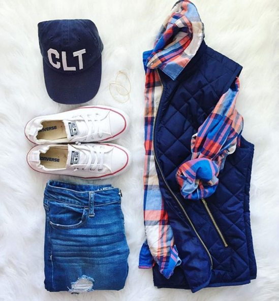 Cute and casual Fall outfit with quilted vest , plaid shirt and booties