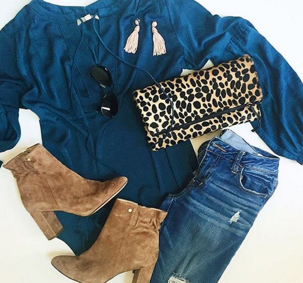I love the rich blue of this top paired with a pop of leopard and cute booties