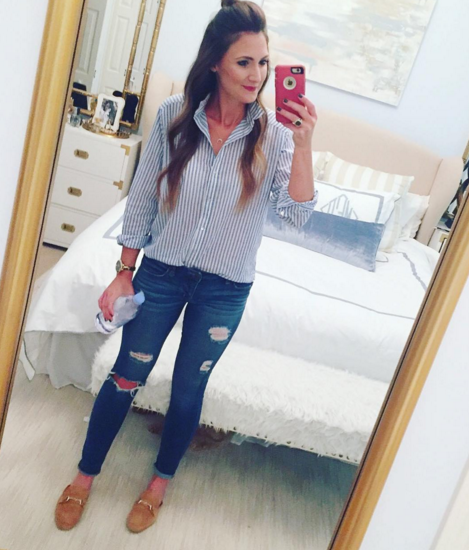 Stripe button up with distressed skinny jeans for a causal mom style look