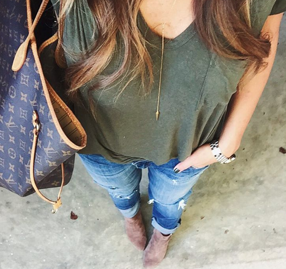 This simple v-neck t-shirt is perfect with distressed denim for a causal day