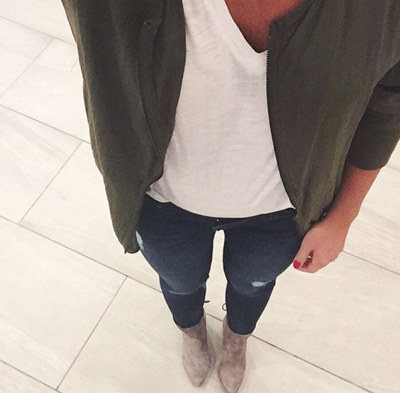 army green bomber jacket with distressed skinny jeans