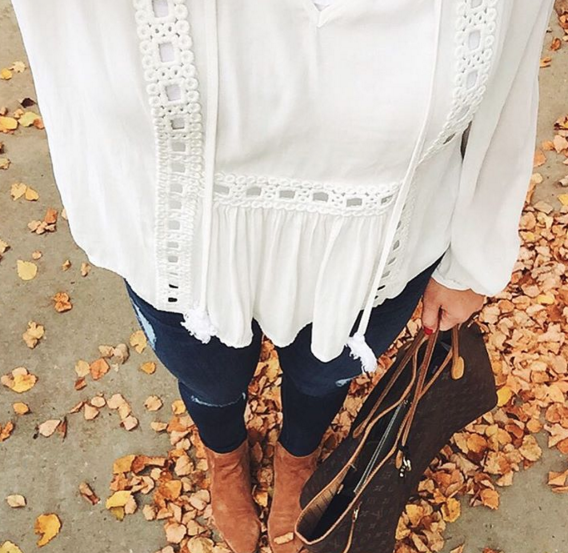 Boho lace top with skinny jeans and booties
