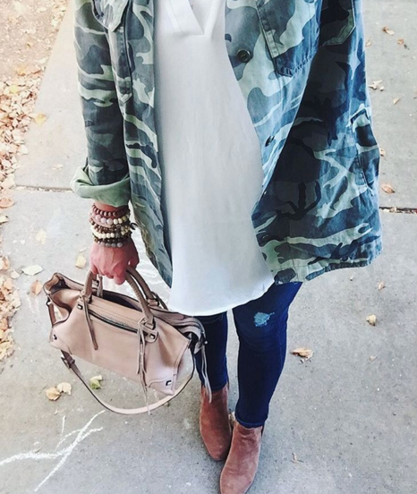 Camo jacket paired with skinny jeans and booties