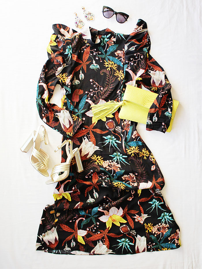 Floral dress from HM paired with gold heels and neon Gigi New York Stella Clutch