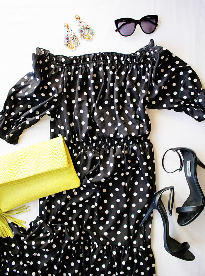 Polka Dot off the shoulder dress with neon clutch