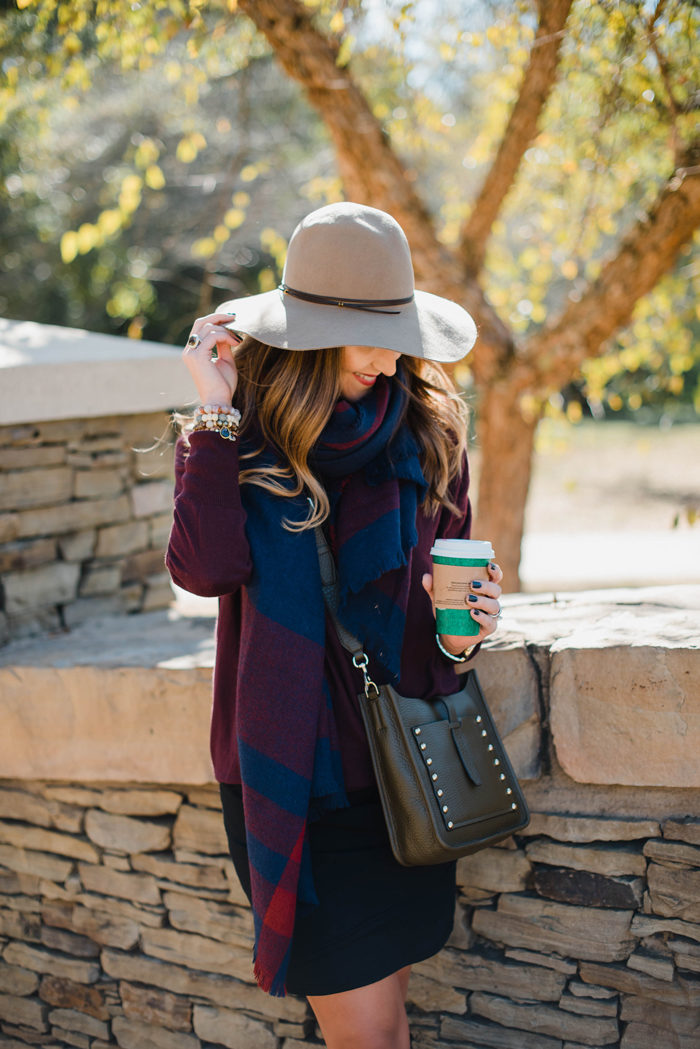 Blogger Mallory Fitzsimmons of Style Your Senses wears a black body con dress with a large blanket scarf , felt hat and cross body Rebecca Minkoff bag for a transitional Fall outfit
