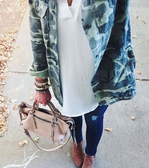 What I wore: camo jacket, lush roll tab tunic, hudson skinny jeans and dolce vita booteis