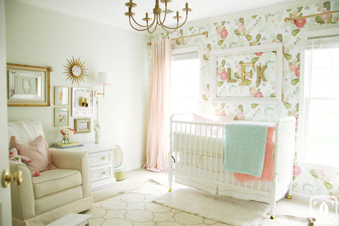 Beautiful baby girl nursery using Anthropologie's watercolor floral wallpaper, jenny lind crib and silk dupioni drapes.