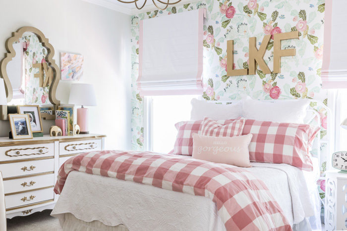 Big girl room reveal with floral wallpaper, gingham bedding and glam pink and gold accessories featured by popular Texas lifestyle blogger, Style Your Senses