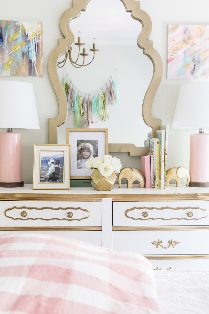 Big girl room reveal with gold, glam accessories on a vintage French Provencial dresser featured by popular Texas lifestyle blogger, Style Your Senses