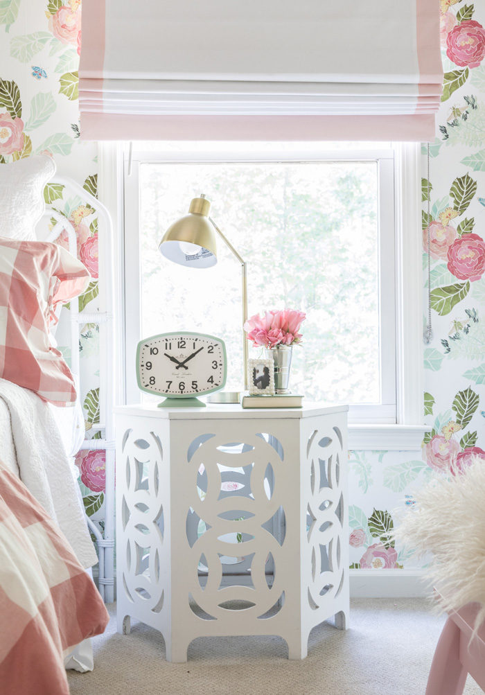 Big girl room reveal with floral wallpaper, gingham bedding and glam pink and gold accessories featured by popular Texas lifestyle blogger, Style Your Senses