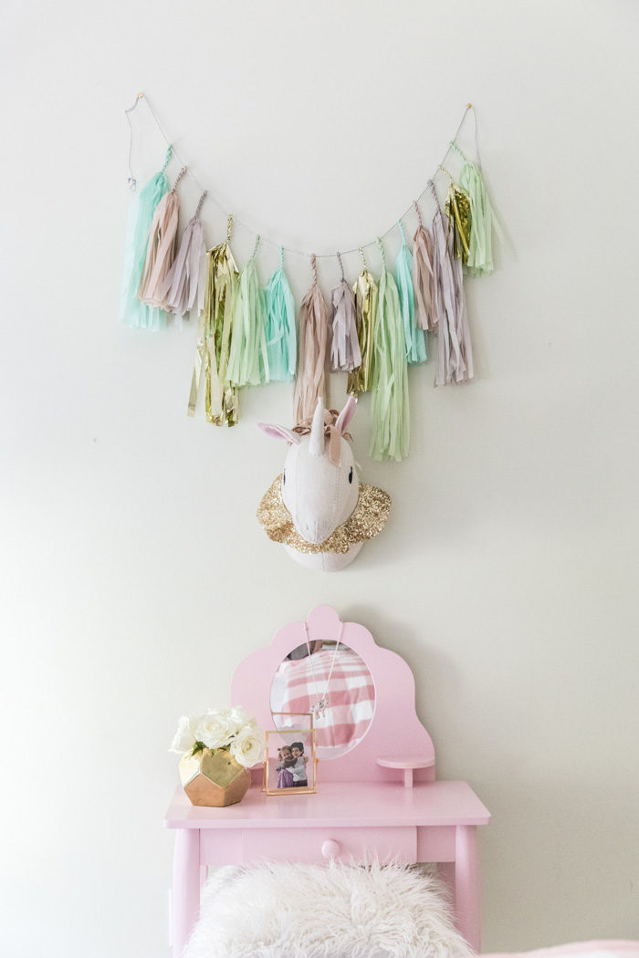 Big Girl Room Reveal with Pillowfort Uniform and tissue tassel garland featured by popular Texas lifestyle blogger, Style Your Senses