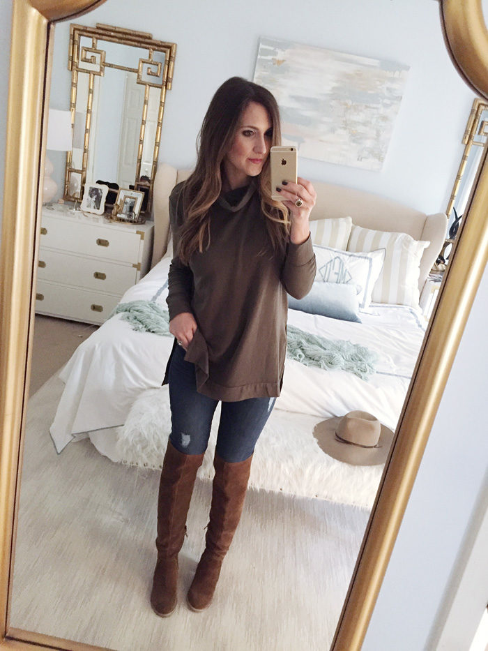 Blogger Mallory Fitzsimmons of Style Your Senses wears a simple hunter green sweater tunic, skinny jeans and over the knee boots for a casual Fall outfit