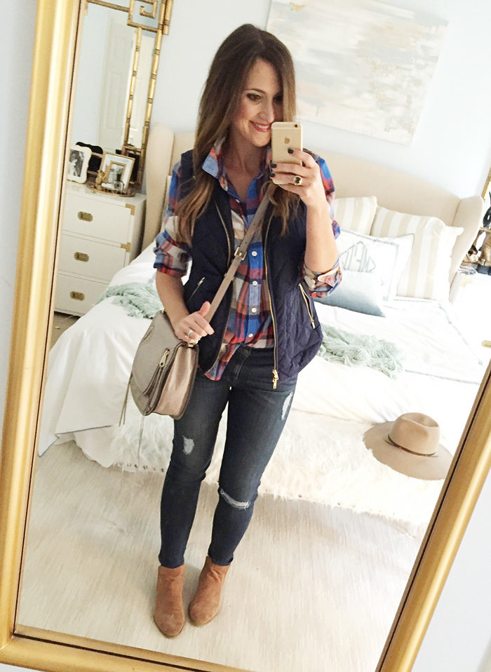 Blogger Mallory Fitzsimmons of Style Your Senses wears a plaid button up shirt, navy blue puffer vest and ankle booties for a casual Fall look