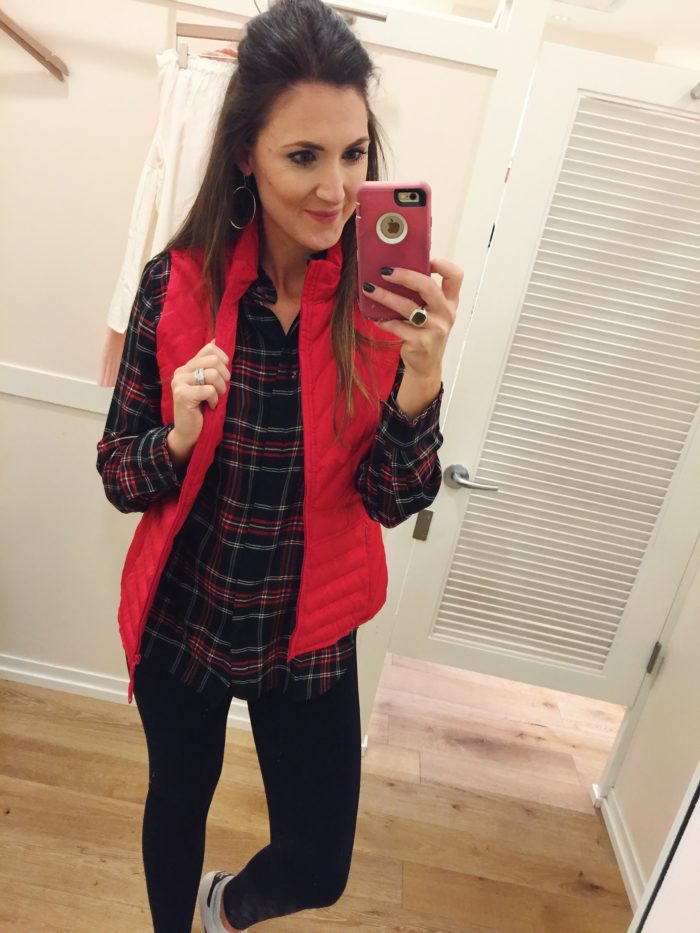 Plaid top with red puffer vest
