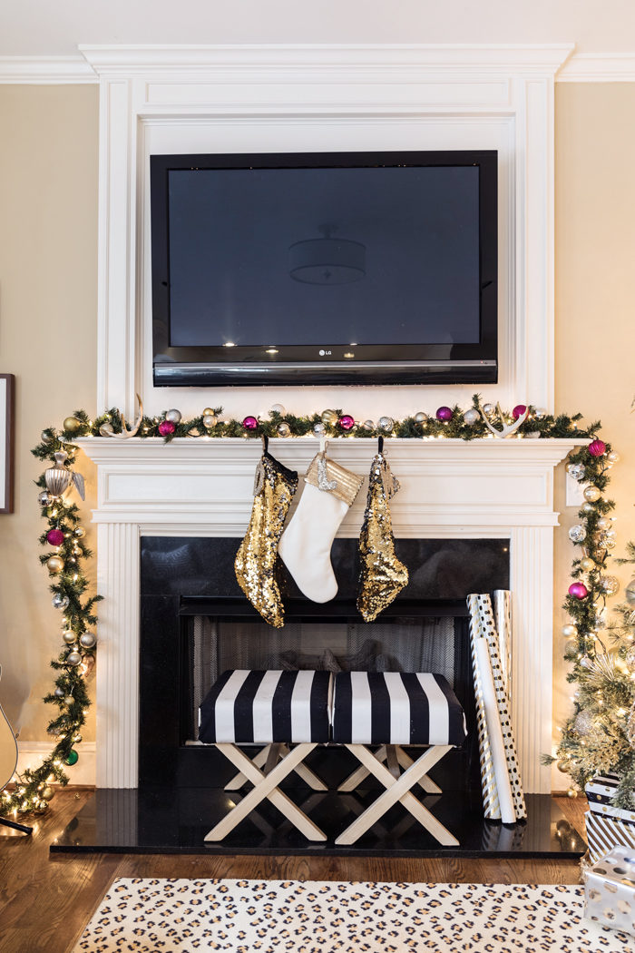 Holiday Home Tour 2016, gorgeous mantle, garland, black and white stripes, pink decor, gold Christmas decor - Our Holiday Home Tour featured by popular Texas lifestyle blogger, Style Your Senses