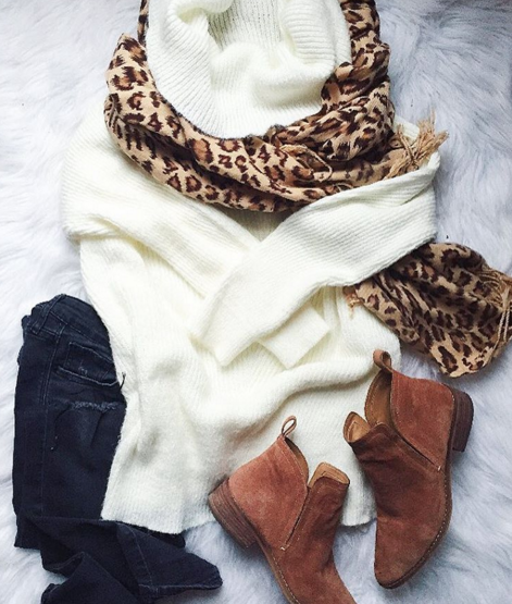 Tunic sweater with leopard scarf and booties for a casual and cute outfit