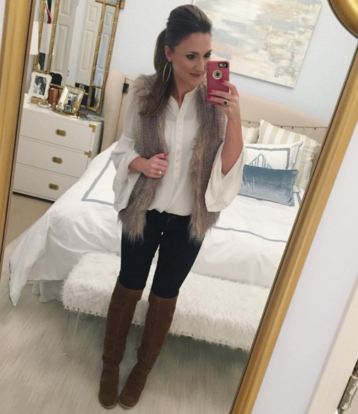 Casual outfit inspiration with over the knee boots and fur vest