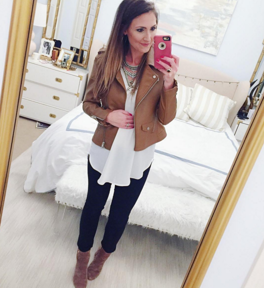 Casual outfit inspiration with leather bomber jacket and tunic top