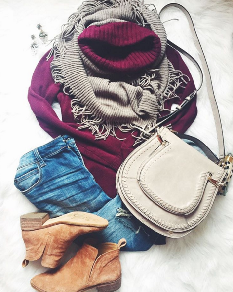 Casual outfit inspiration with plum sweater and fringe scarf
