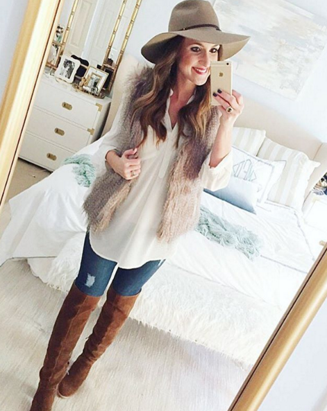 Casual outfit inspiration with faux fur vest and over the knee boots