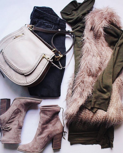 Casual outfit inspiration with faux fur vest and Dolce Vita booties
