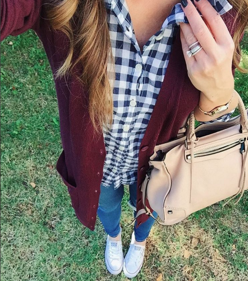 Casual outfit inspiration with plum cardigan over gingham button up