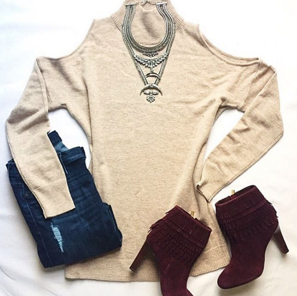 Casual outfit inspiration with cold shoulder sweater