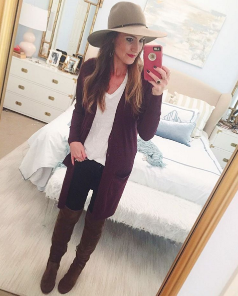 Casual outfit inspiration with plum cardigan and over the knee booties